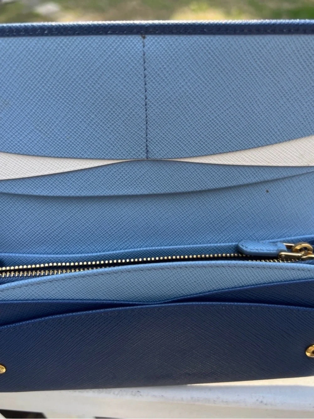 Prada Navy Saffiano Leather Continental Wallet with Gold Logo and COA